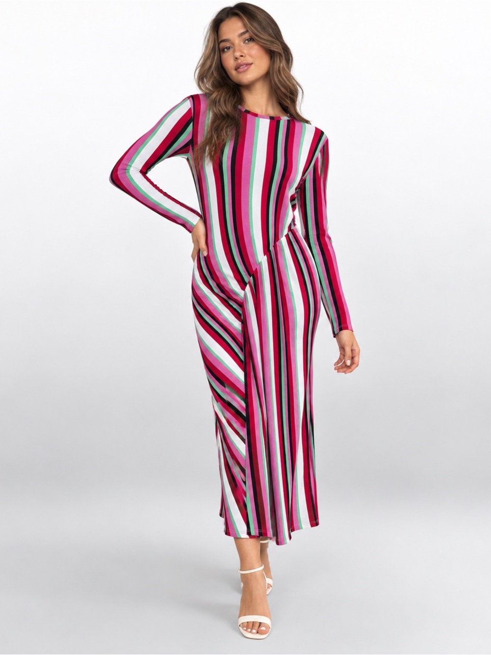 ZARA Collection Multicolor Striped Ribbed Knit Ruched Maxi Dress L